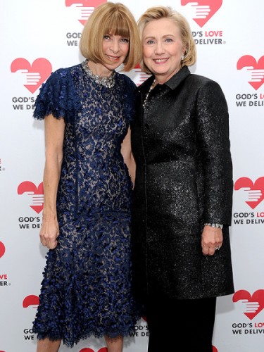 NEW YORK, NY - OCTOBER 16: Vogue editor-in-chief Anna Wintour (L) and Hillary Rodham Clinton, recipient of the Michael Kors Award for Outstanding Community Service, attend God's Love We Deliver 2013 Golden Heart Awards Celebration at Spring Studios on October 16, 2013 in New York City.  (Photo by Dimitrios Kambouris/Getty Images for Michael Kors)